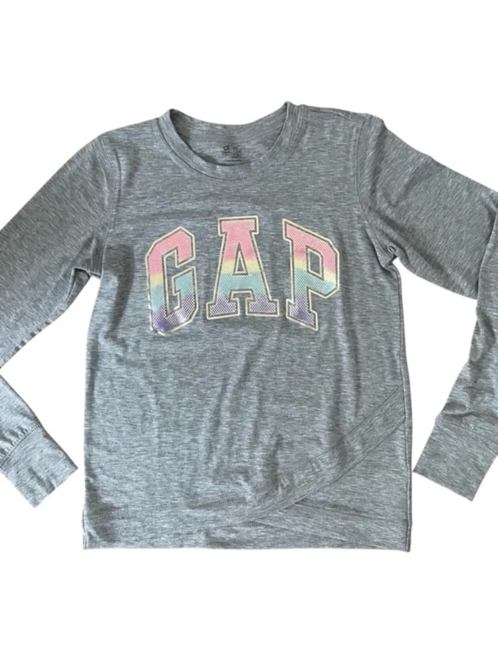 4/$25 Gap fit Girls Gray Athletic Long Sleeve Metallic Logo Tee Shirt Size XL